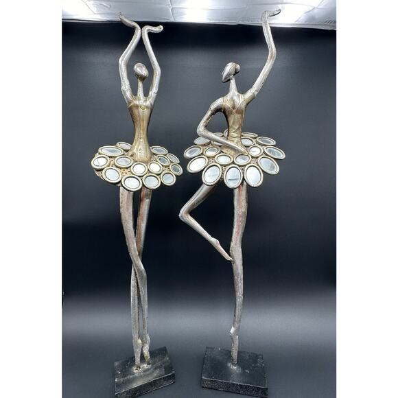 Ballerina Figurine Mirrored Skirt Fifth Position Metal Art Statue Figurine Set/2 - Picture 2 of 7